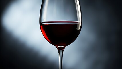 A wine glass filled with deep red liquid, highlighted against a dark background.