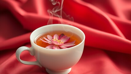 A delicate porcelain teacup with floating chrysanthemum petals, exuding serenity and elegance for China's National Day.