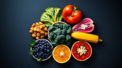 Vibrant circle of six colorful superfoods glowing with natural energy on dark background.
