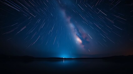 Night sky ablaze with electric blue and fiery orange meteor trails mirrored in a tranquil lake.