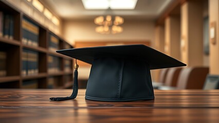 Graduation cap placed on a wooden surface with a subtle academic atmosphere.