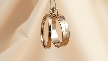 Elegant wedding rings suspended against fabric, reflecting light with timeless beauty.