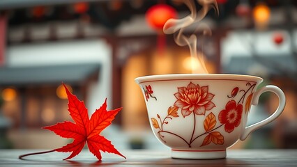 A delicate porcelain teacup with chrysanthemum motifs, paired with a red maple leaf and steam.