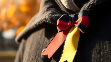 A close-up of a black-red-gold ribbon on a wool coat, with autumn leaves in the background, symbolizing German Unity Day.
