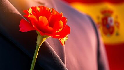 A red carnation on a blue velvet jacket, bathed in golden light, embodying the spirit of Spain National Day.