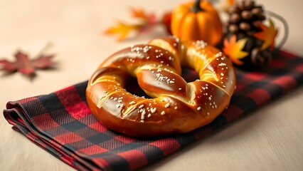 Crisp pretzel on a checkered black-red-gold napkin, softly focused with autumn harvest decorations in the background.