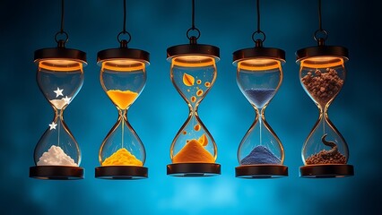 Five glowing hourglasses in a circle, each filled with unique vitality symbols.