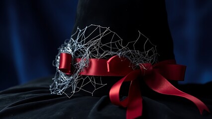 Black witch hat with silver cobwebs and crimson ribbon, embodying Halloween elegance and mystery.