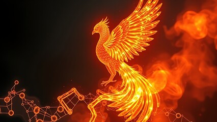 Molecular structure morphing into a fiery phoenix rising from scaled patterns.