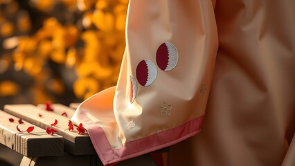 A silk hanfu sleeve embroidered with moon phases, draped over a wooden bench with scattered osmanthus blossoms.