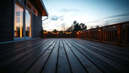 Peaceful wooden deck at twilight, warm lighting enhancing the serene evening outdoor atmosphere.