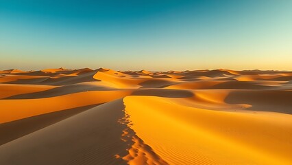 Golden sand dunes stretch endlessly under the warm glow of the Sahara desert at sunset.