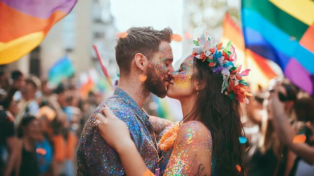 Amid waving flags a couple share a pride kiss, rainbow crowd cheers around their pride kiss and confetti drifts as love conquers with one bright pride kiss. Concept public affection.