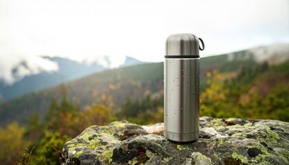 Outdoor Adventure Thermos Mockup. A durable, silver metal thermos resting on a natural rock, with a blurred background of a foggy mountain forest.
