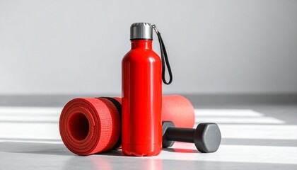Fitness Lifestyle Thermos Mockup. A glossy red metal thermos placed on a clean, minimalist gym floor next to a rolled-up yoga mat and a single black dumbbell.
