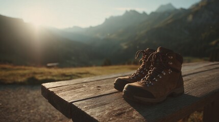Hiking boots on wooden table outdoors