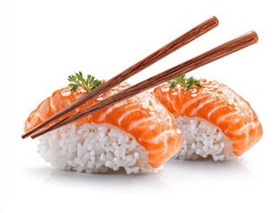 Two salmon nigiri sushi pieces, garnished, with chopsticks