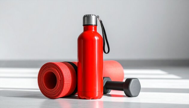 Fitness Lifestyle Thermos Mockup. A glossy red metal thermos placed on a clean, minimalist gym floor next to a rolled-up yoga mat and a single black dumbbell.
