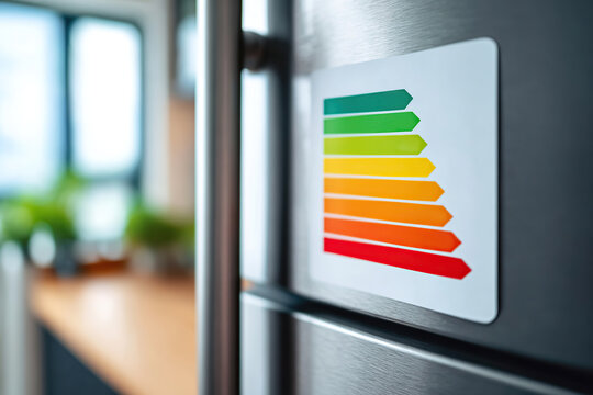 Energy efficiency label displayed on modern kitchen refrigerator in a bright space