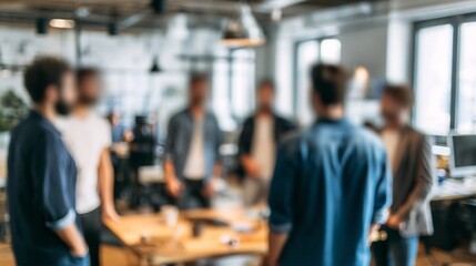 Tech startup team collaborating office with all team members faces blurred or facing away casual outfits