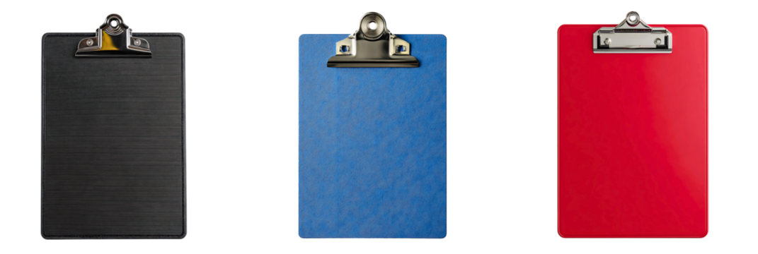 Collection of black, blue and red clipboards isolated on a white or transparent background