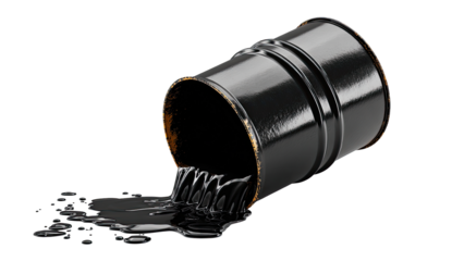 An overturned, black metal barrel spills dark viscous liquid