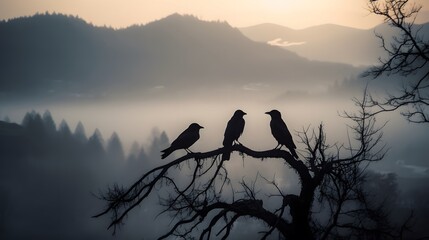 three black crows perched on the gnarled leafless branches of an ancient tree silhouetted against moody autumn sky misty morning in the mountains