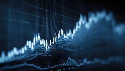 Close-up financial chart, showing a rising trend.  Dark background, with light blue/white data points and lines.  Complex grid pattern