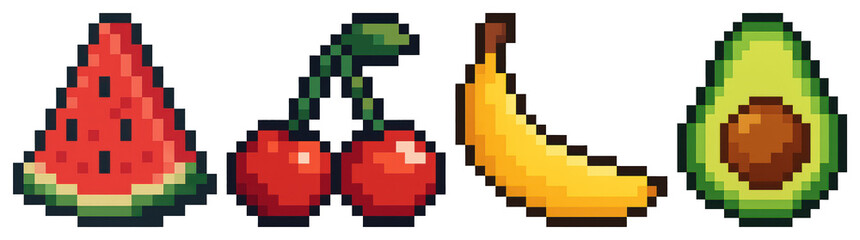 PNG Pixelated fruits in vibrant colors, element set on transparent background