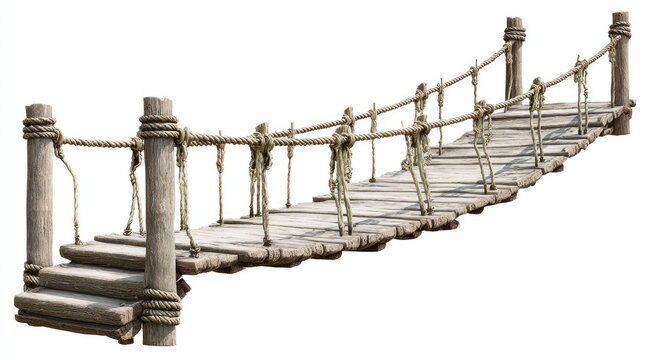 Fototapeta Rustic wooden rope bridge spans a gap