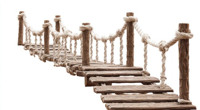 Fototapeta Wooden rope bridge, rustic, isolated