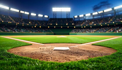 Baseball stadium at night. Crowd, lights, field