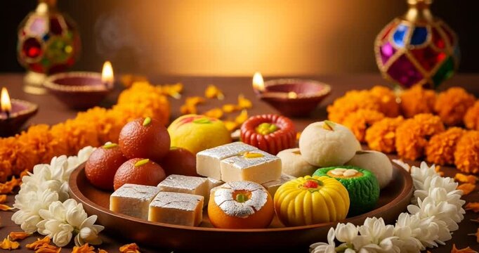 Festive Indian Sweets Displayed on Wooden Plate with Marigold Garland Candlelight and Assorted Colors in Warm Background For Diwali Celebration