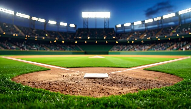 Baseball stadium at night.  Crowd, lights, field - Powered by Adobe