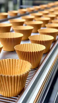 Automated cupcake liner production on industrial conveyor belt in bakery facility