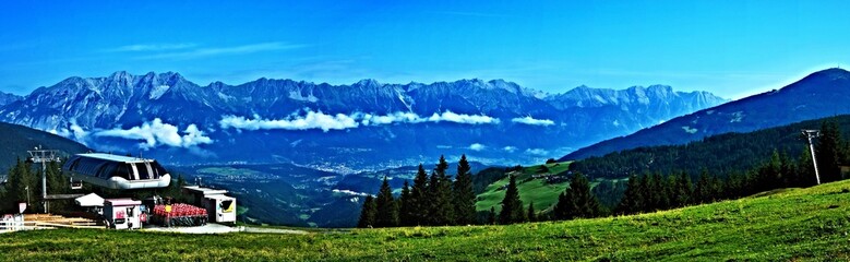 Austrian Alps - panoramic view of the upper station of the Serlesbahnen cable car near the top of  Koppeneck in Stubai Alps