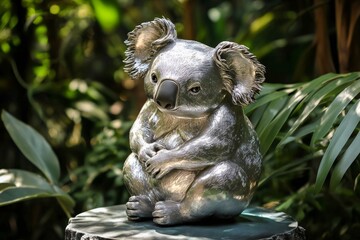 Fototapeta premium Silver koala statue resting on a tree stump, surrounded by lush green foliage, creating a captivating scene