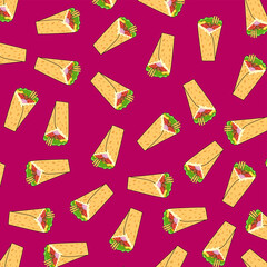 Seamless pattern of Kebab. Background pattern kebab. Hand drawn fast food shawarma. 