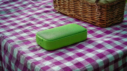 Lime green lunchbox on checkered picnic table