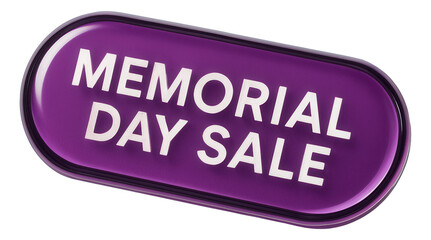Glossy purple tag sticker with MEMORIAL DAY SALE in bold text, attention-grabbing retail discount offer on transparent background.