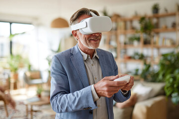 Business professional engaged in virtual reality experience in stylish workspace