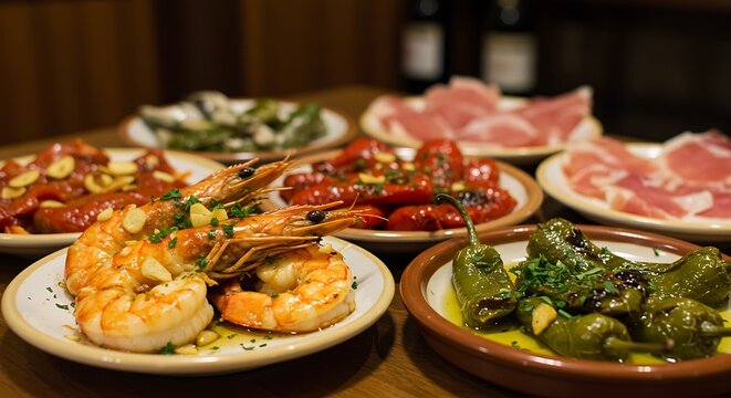 Spanish Tapas Feast: Gambas al Ajillo, Pimientos de Padr?n, and Jam?n Ib?rico