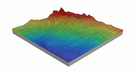 3D digital elevation model showing a colorful topographic mountain terrain map on an isolated square block. Scientific data visualization concept.