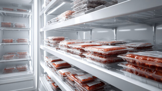 View inside a refrigerated meat factory, with packed food on shelves ready for distribution.
