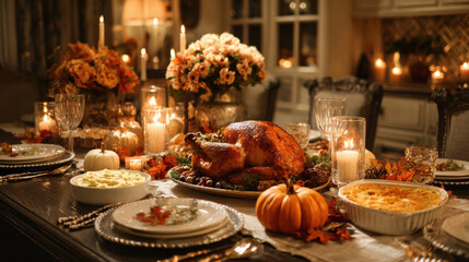 Thanksgiving holiday table set for a cozy, rustic family dinner, featuring roasted turkey and pumpkin pie.