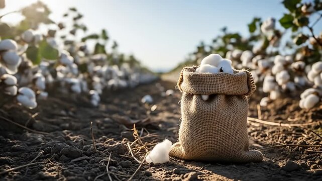 Burlap sack filled with fluffy cotton rests on the dry soil of a vast field