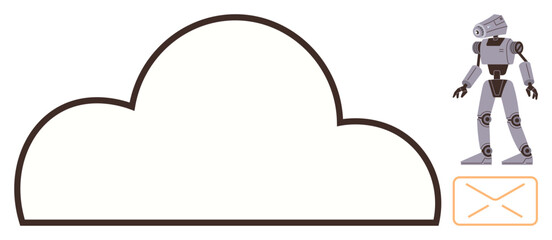 Outline of a cloud with a robot beside an email envelope icon. Ideal for cloud technology, AI, innovation, communication, futuristic design, collaboration, data storage visualization. Simple flat
