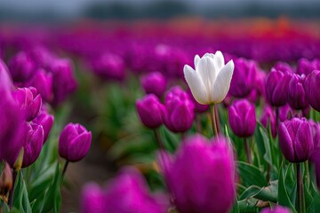 Fototapeta premium Single white tulip amidst a vibrant field of purple tulips