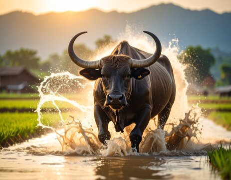 Majestic Water Buffalo Charges Through a Lush Rice Paddy at Sunrise - Powered by Adobe
