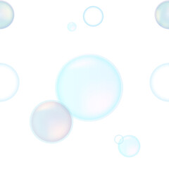 Seamless pattern of blue soap bubbles on a white background. Water bubbles or air bubbles with a beautiful and pretty geometric pattern for wallpaper, fabric, banners, posters.